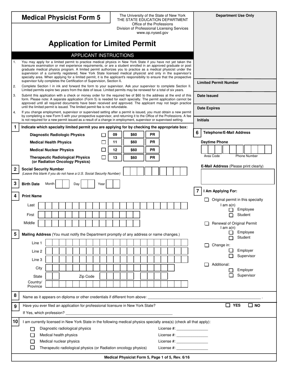Medical Physicist Form 5 Application for Limited Permit - New York, Page 1