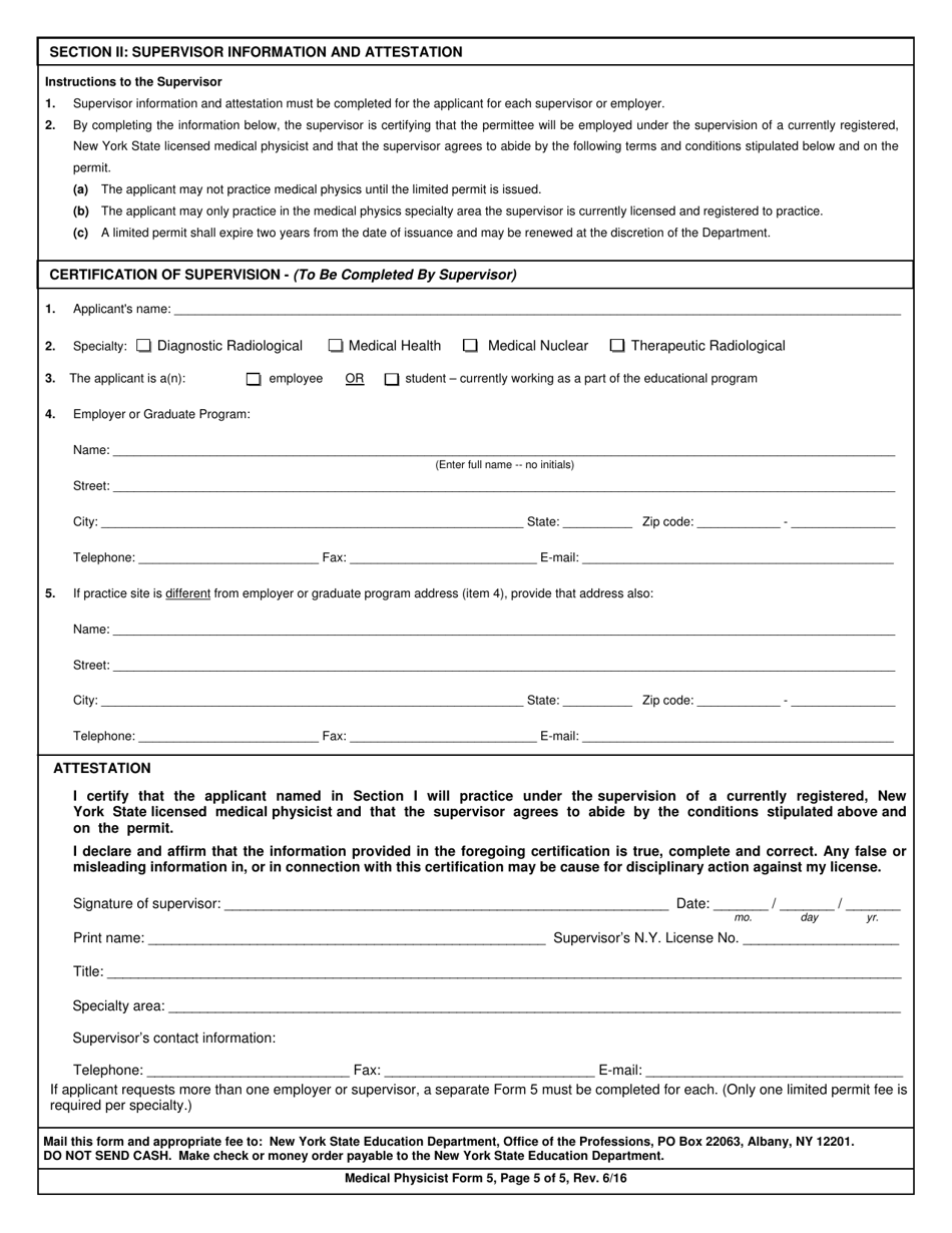 Medical Physicist Form 5 Application for Limited Permit - New York, Page 5