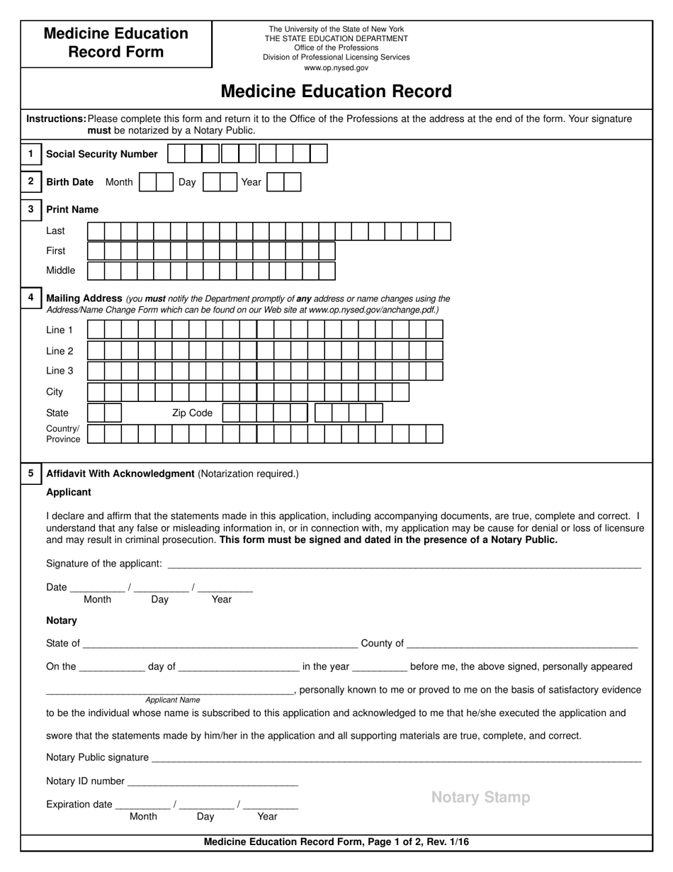 Medicine Education Record Form - New York, Page 1