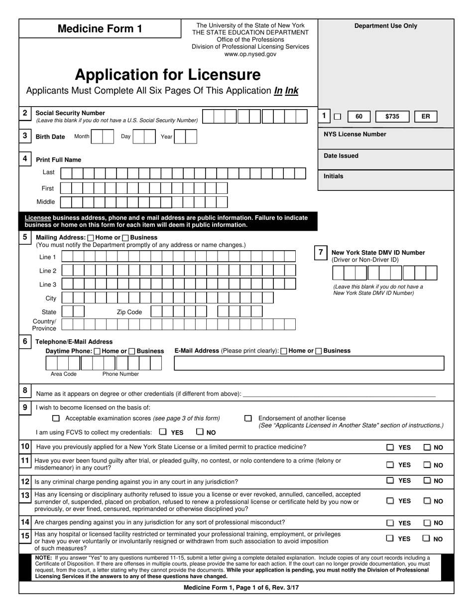 Medicine Form 1 Application for Licensure - New York, Page 1