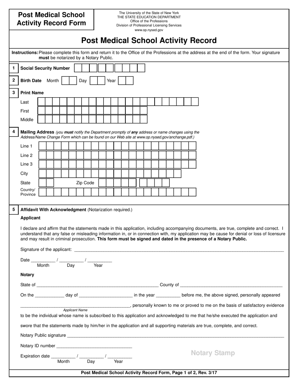 Post Medical School Activity Record Form - New York, Page 1