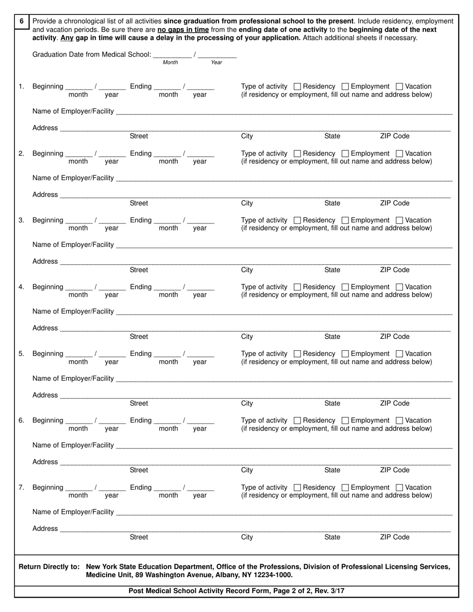 Post Medical School Activity Record Form - New York, Page 2