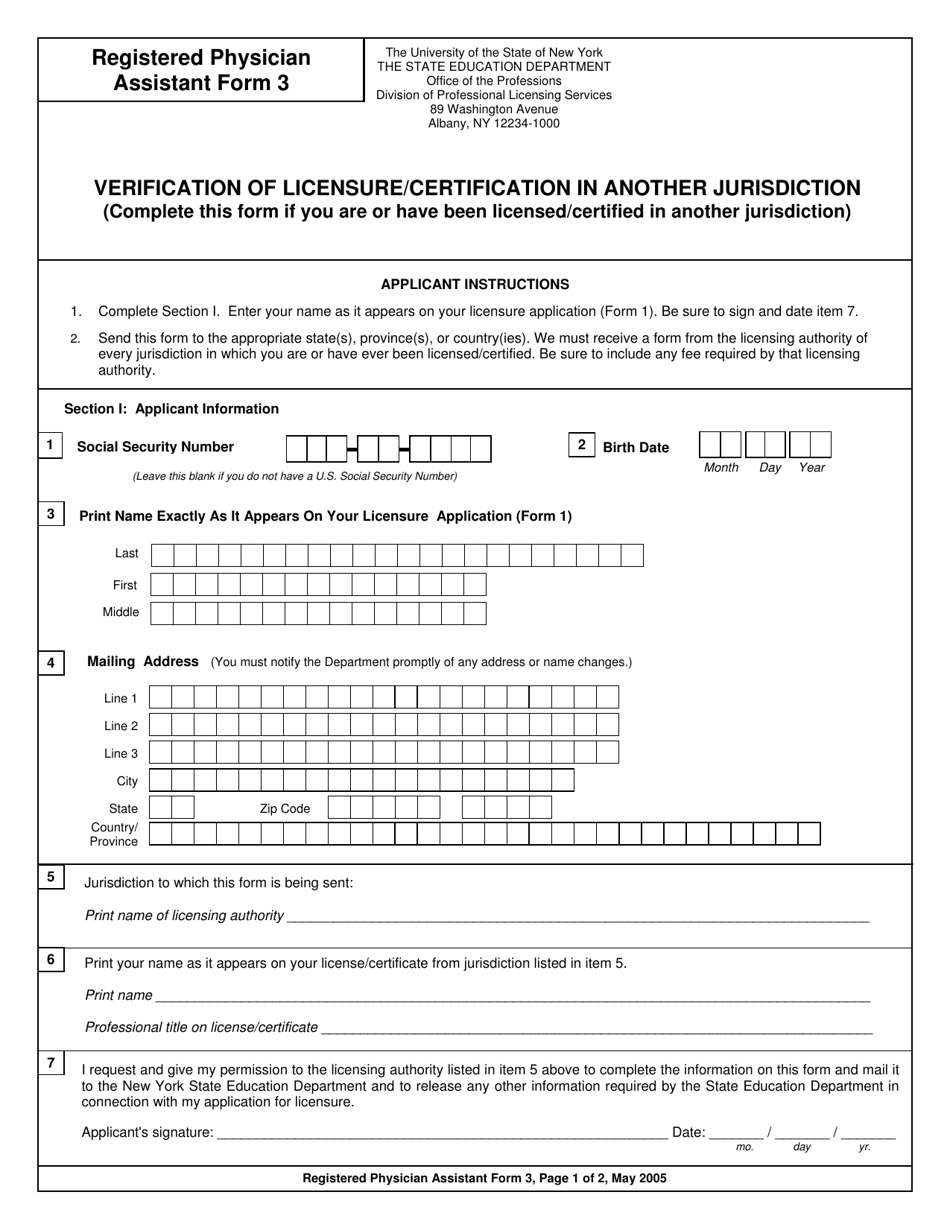 Registered Physician Assistant Form 3 Verification of Licensure / Certification in Another Jurisdiction - New York, Page 1