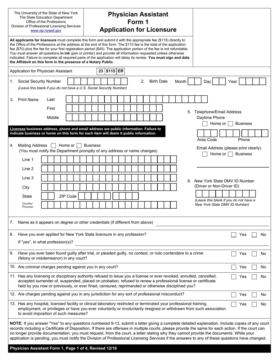 Physician Assistant Form 1 Application for Licensure - New York, Page 1