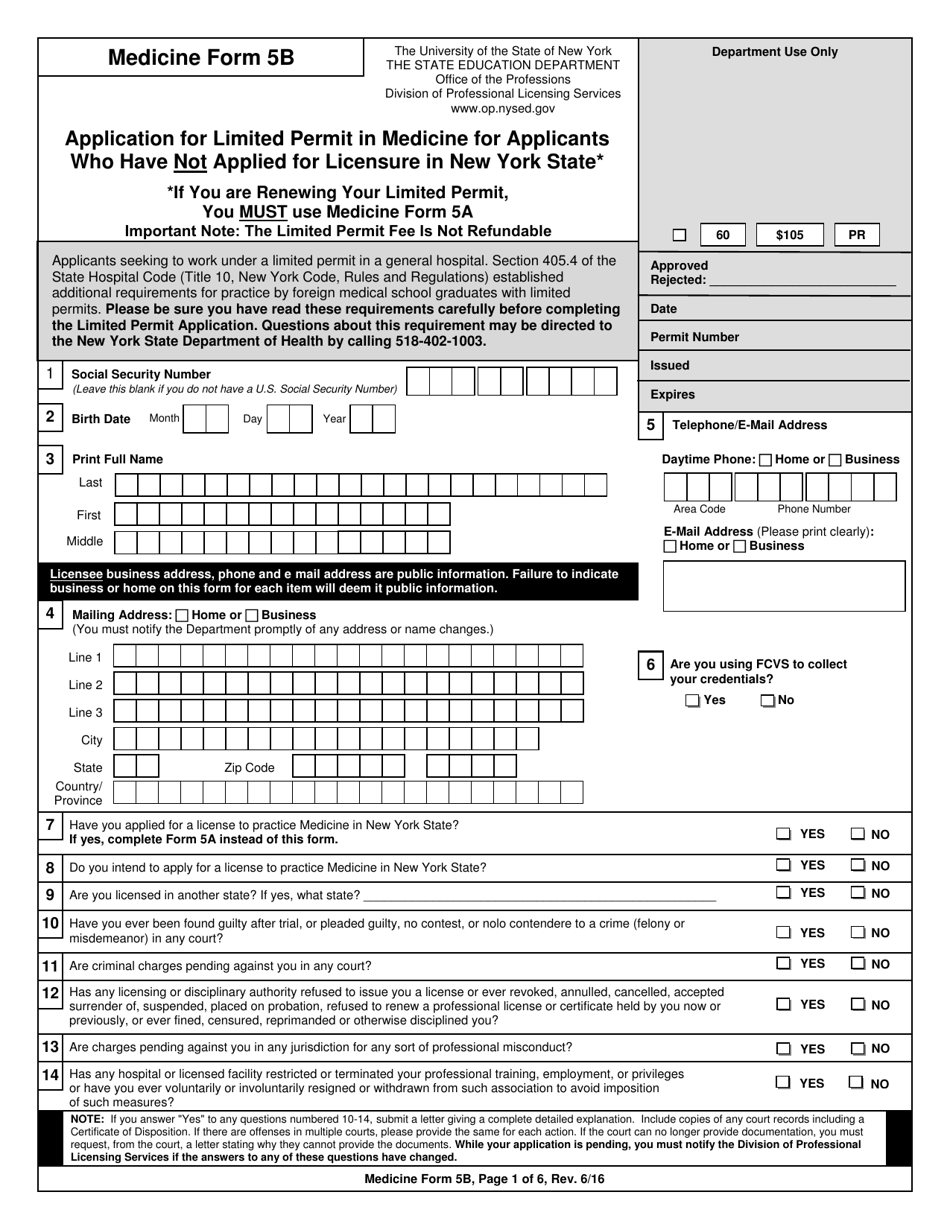 Medicine Form 5B Application for Limited Permit in Medicine for Applicants Who Have Not Applied for Licensure in New York State - New York, Page 1
