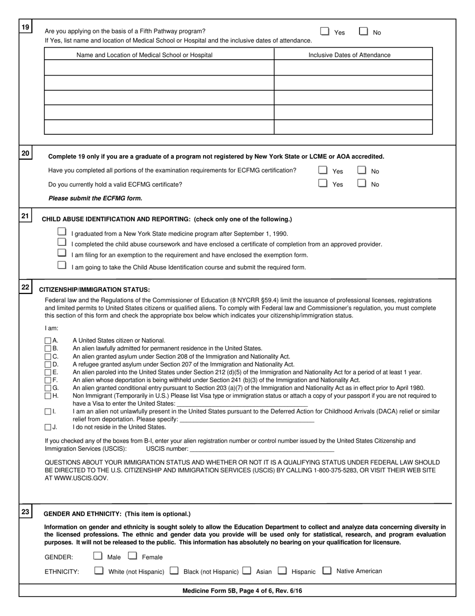 Medicine Form 5B Application for Limited Permit in Medicine for Applicants Who Have Not Applied for Licensure in New York State - New York, Page 4