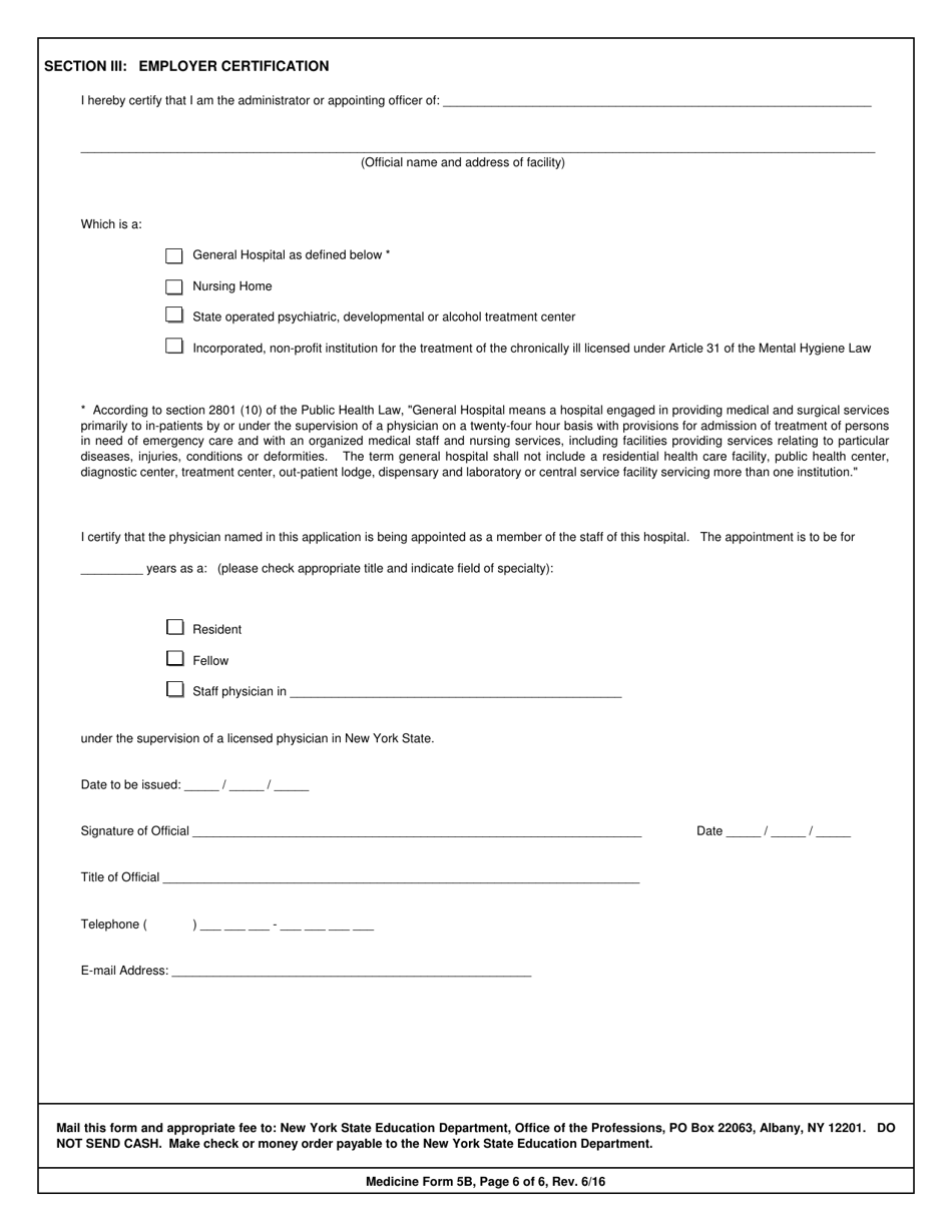 Medicine Form 5B Application for Limited Permit in Medicine for Applicants Who Have Not Applied for Licensure in New York State - New York, Page 6
