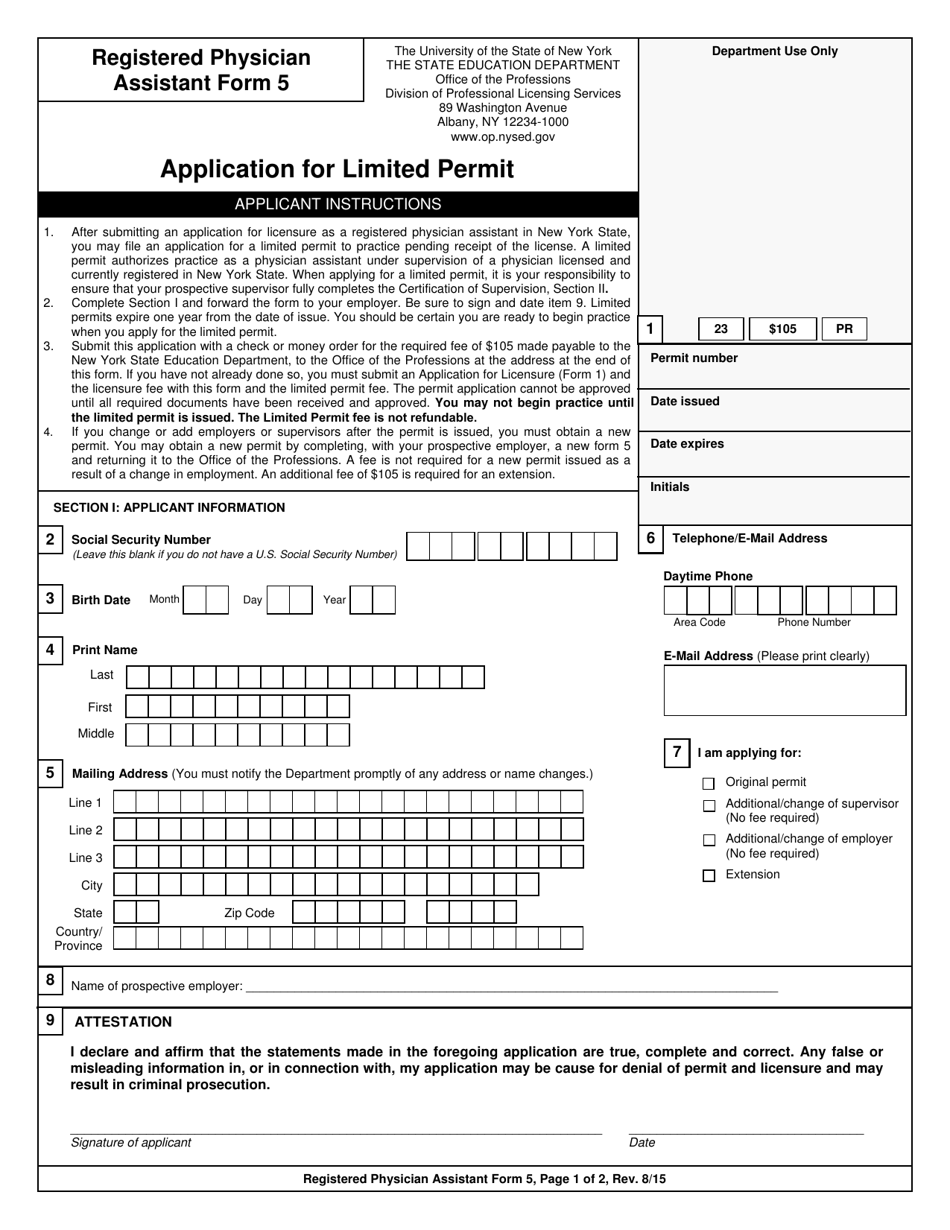 Registered Physician Assistant Form 5 Application for Limited Permit - New York, Page 1