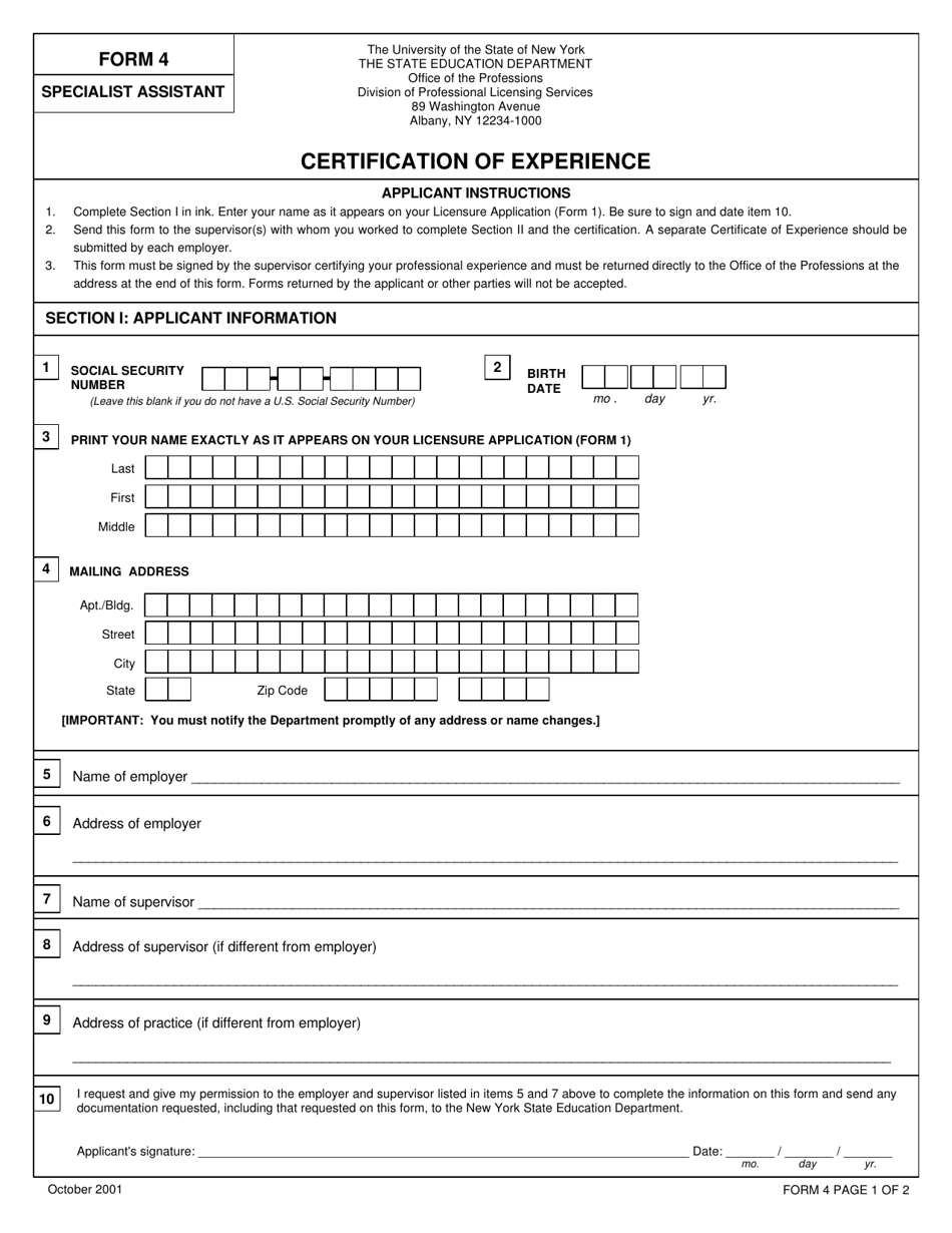 Specialist Assistant Form 4 Certification of Experience - New York, Page 1