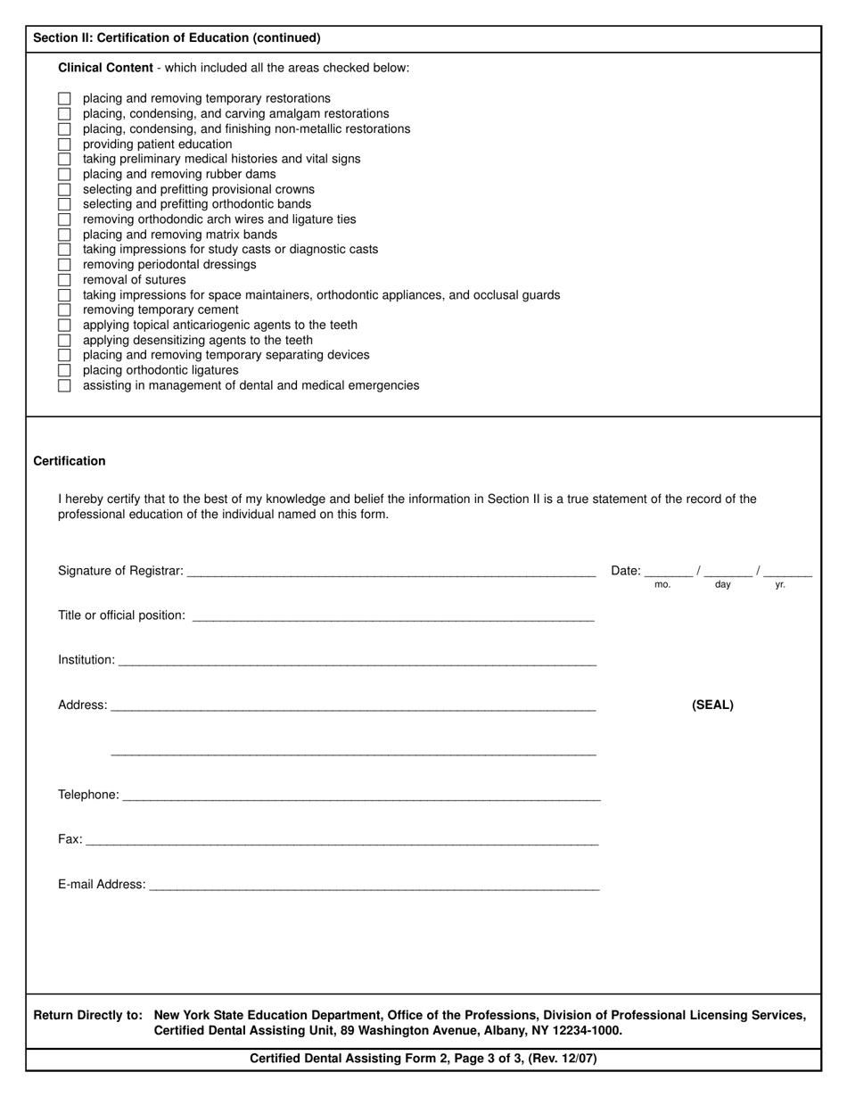 Certified Dental Assisting Form 2 Certification of Professional Education - New York, Page 3