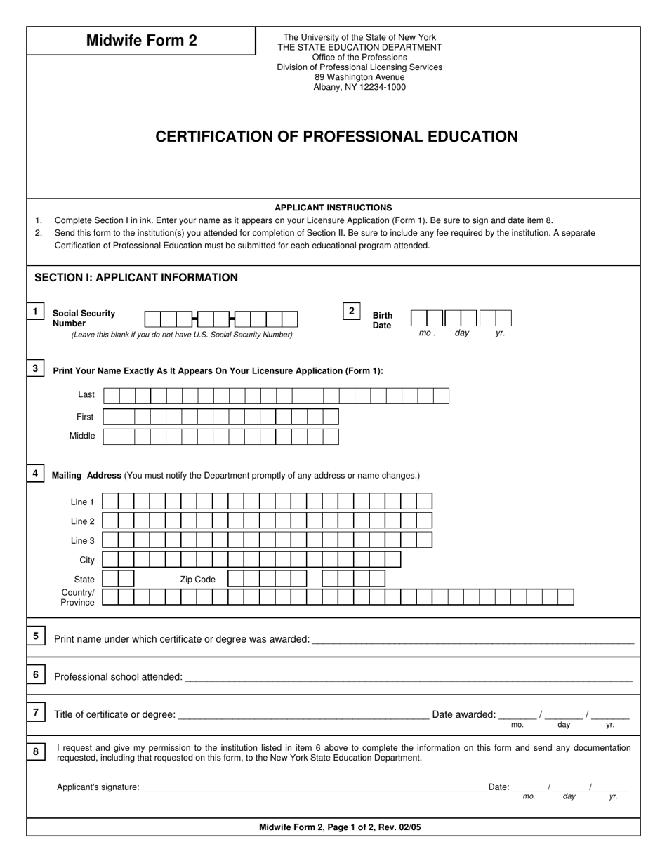 Midwife Form 2 Certification of Professional Education - New York, Page 1