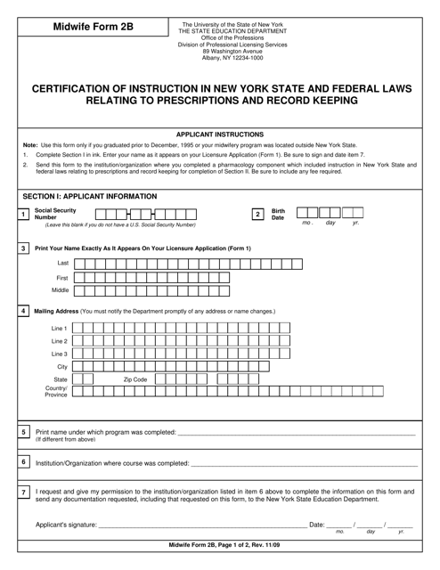 Midwife Form 2B Certification of Instruction in New York State and Federal Laws Relating to Prescriptions and Record Keeping - New York