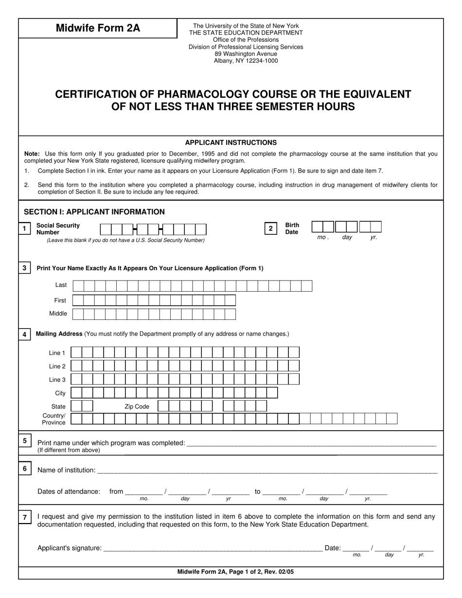 Midwife Form 2A Certification of Pharmacology Course or the Equivalent of Not Less Than Three Semester Hours - New York, Page 1