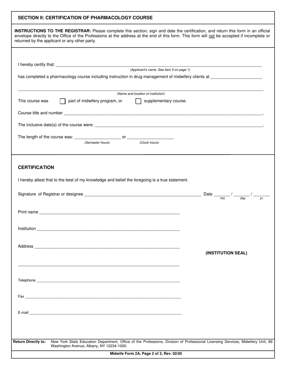 Midwife Form 2A Certification of Pharmacology Course or the Equivalent of Not Less Than Three Semester Hours - New York, Page 2