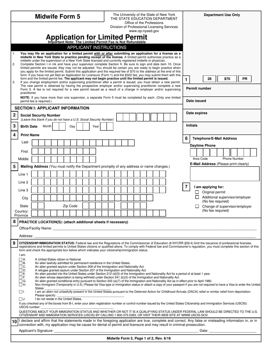 Midwife Form 5 Application for Limited Permit - New York, Page 1