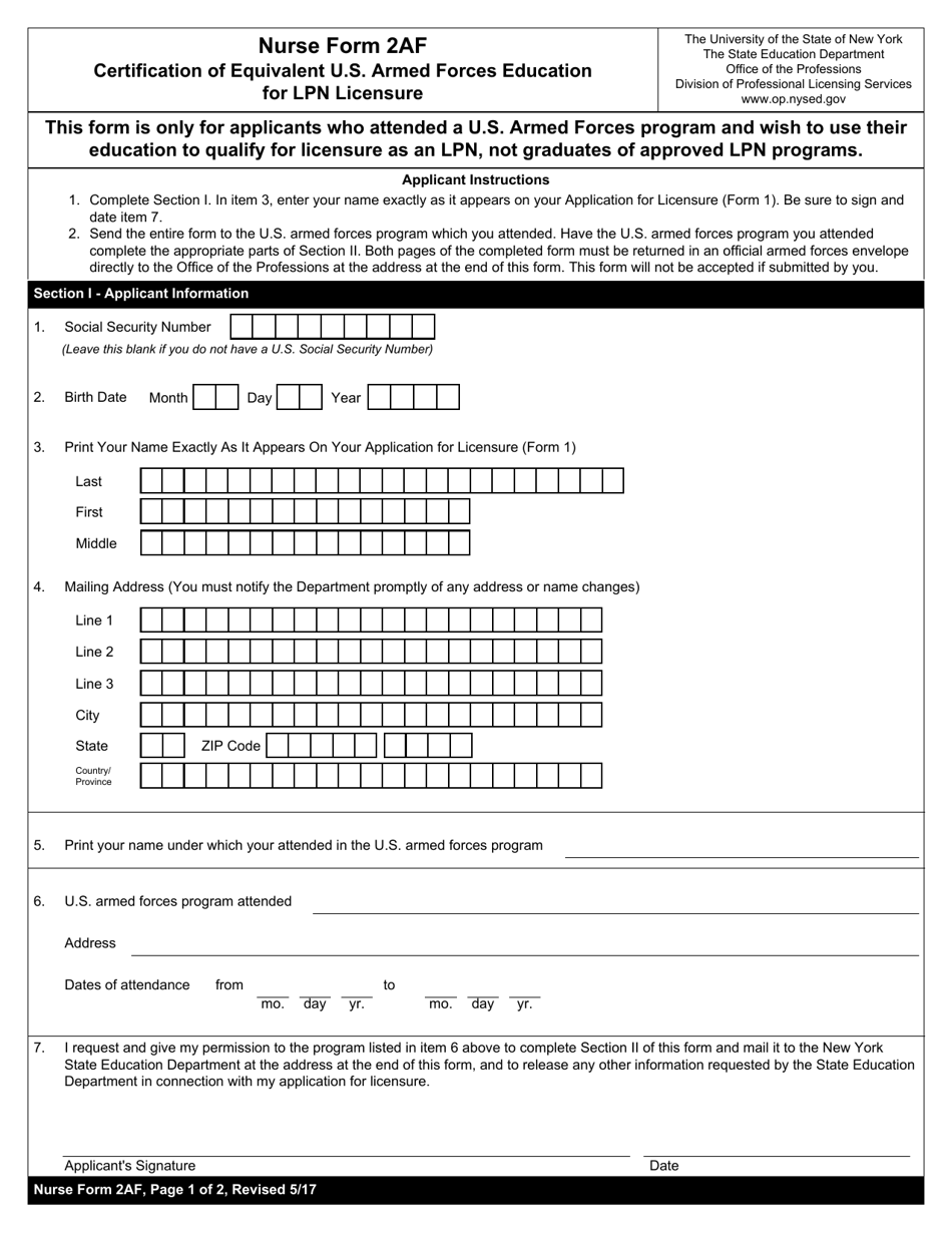 Nurse Form 2AF Certification of Equivalent U.S. Armed Forces Education for Lpn Licensure - New York, Page 1