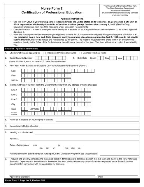 Nurse Form 2 Certification of Professional Education - New York