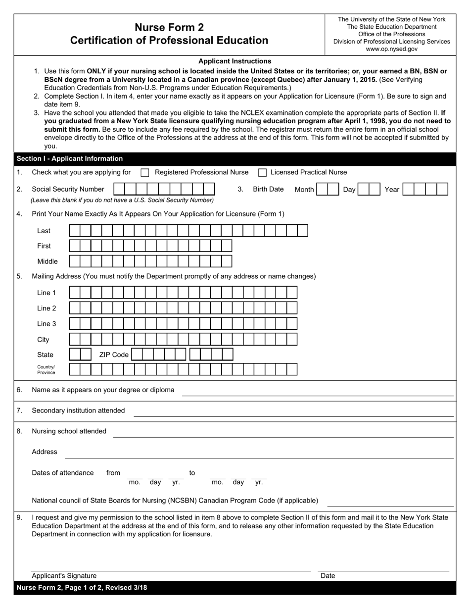 Nurse Form 2 Certification of Professional Education - New York, Page 1