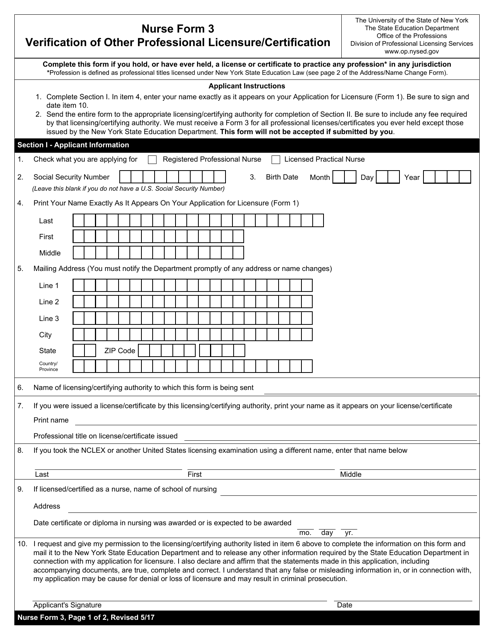 Nurse Form 3 Verification of Other Professional Licensure/Certification - New York