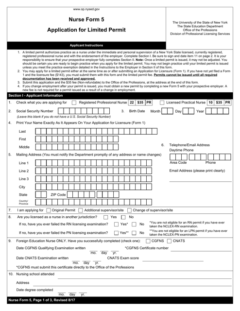 Nurse Form 5 Application for Limited Permit - New York