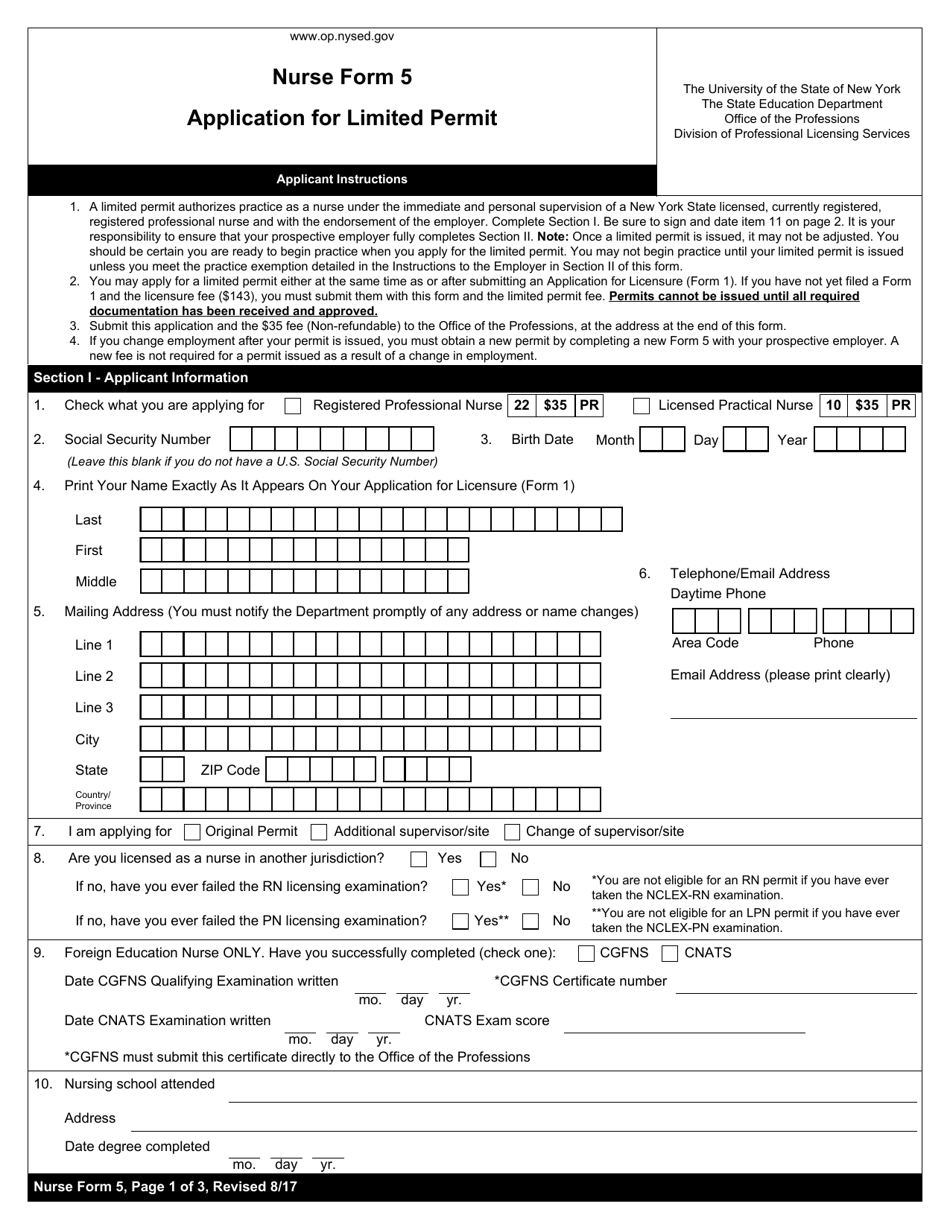 Nurse Form 5 Application for Limited Permit - New York, Page 1