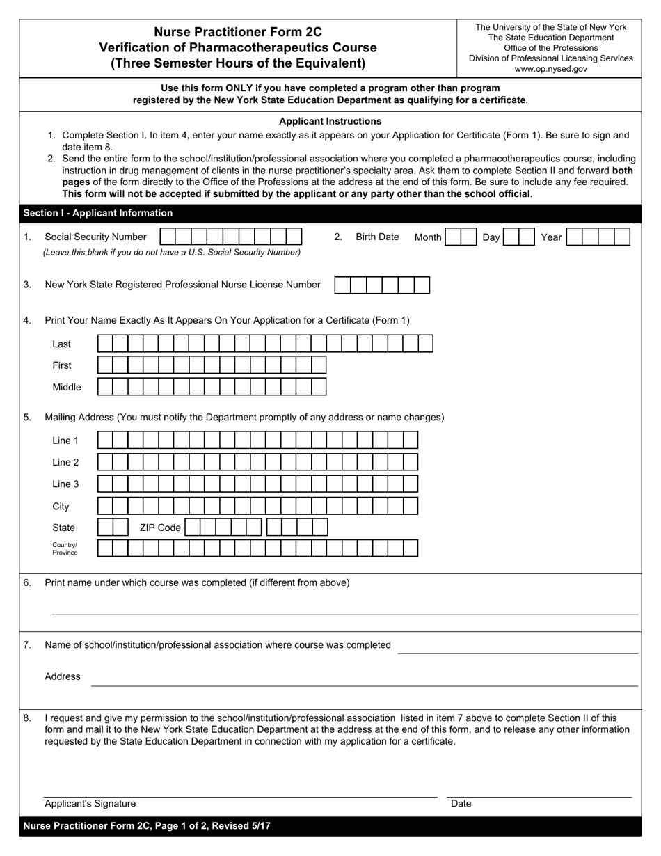 Nurse Practitioner Form 2C Verification of Pharmacotherapeutics Course (Three Semester Hours of the Equivalent) - New York, Page 1