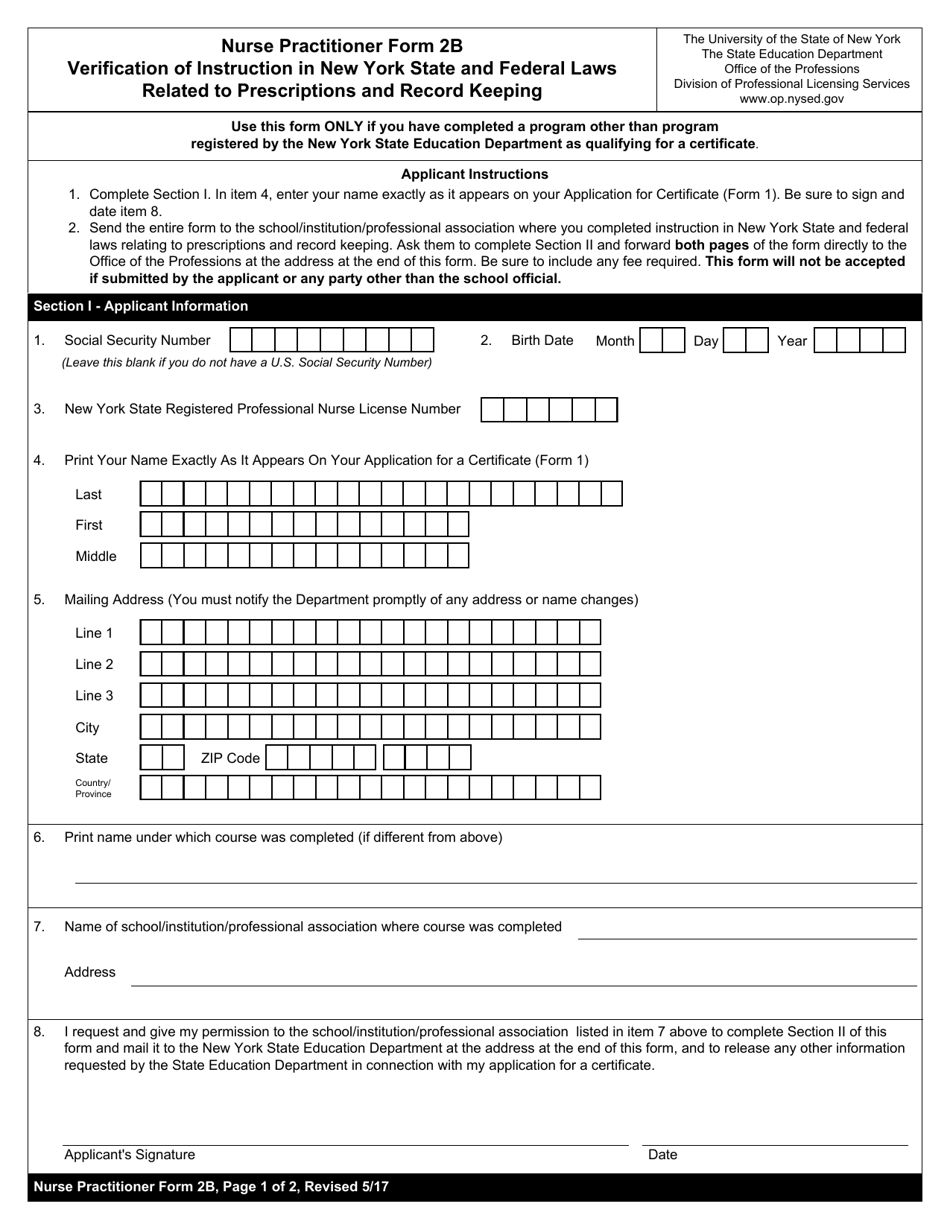 Nurse Practitioner Form 2B Verification of Instruction in New York State and Federal Laws Related to Prescriptions and Record Keeping - New York, Page 1