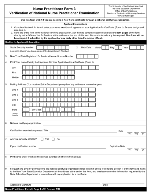 Nurse Practitioner Form 3 Verification of National Nurse Practitioner Examination - New York