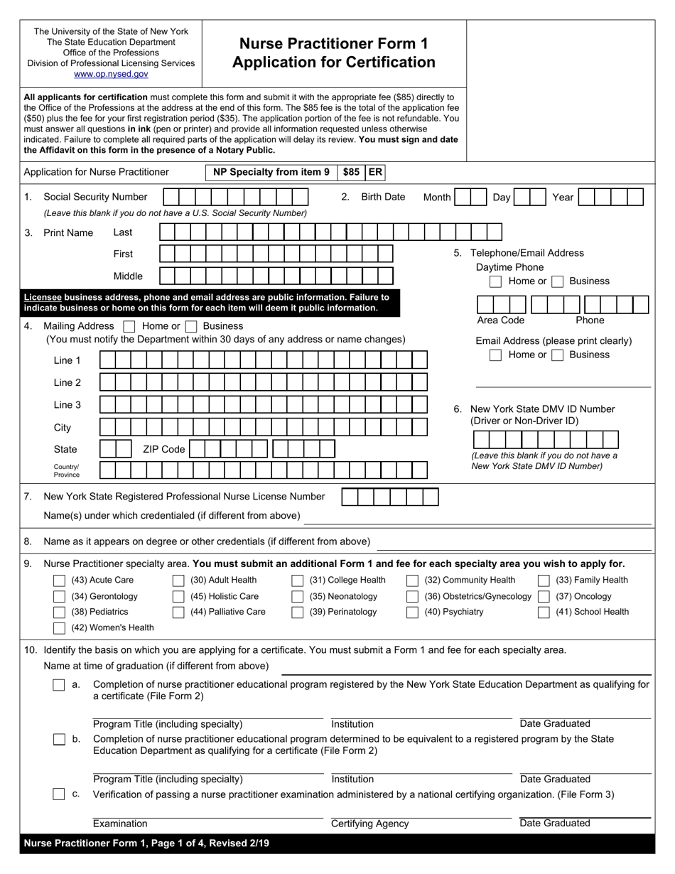 Nurse Practitioner Form 1 Application for Certification - New York, Page 1