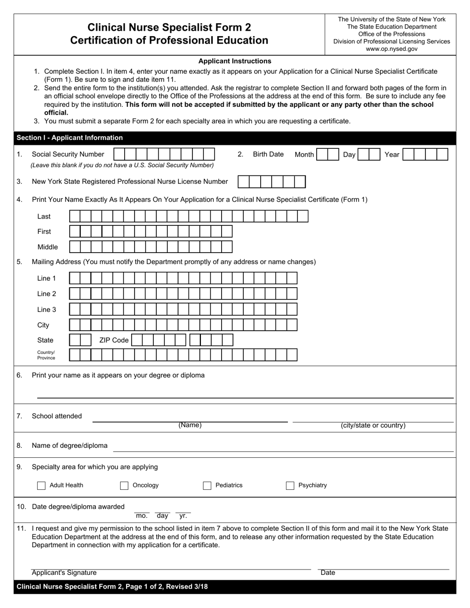 Clinical Nurse Specialist Form 2 Certification of Professional Education - New York, Page 1