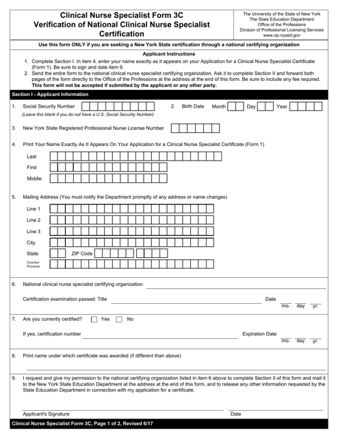Clinical Nurse Specialist Form 3C Verification of National Clinical Nurse Specialist Certification - New York