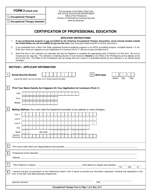 Occupational Therapy Form 2 Certification of Professional Education - New York