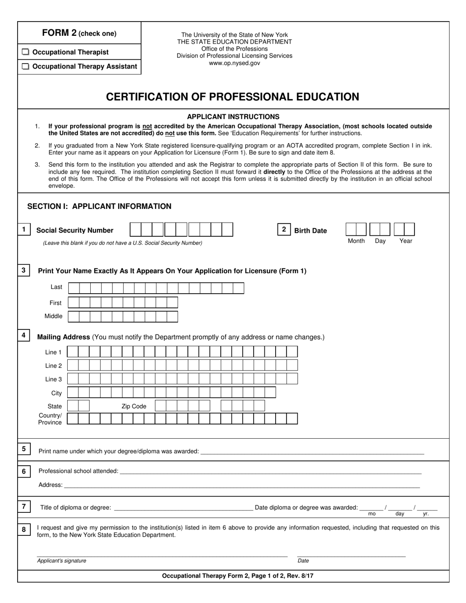 Occupational Therapy Form 2 Certification of Professional Education - New York, Page 1