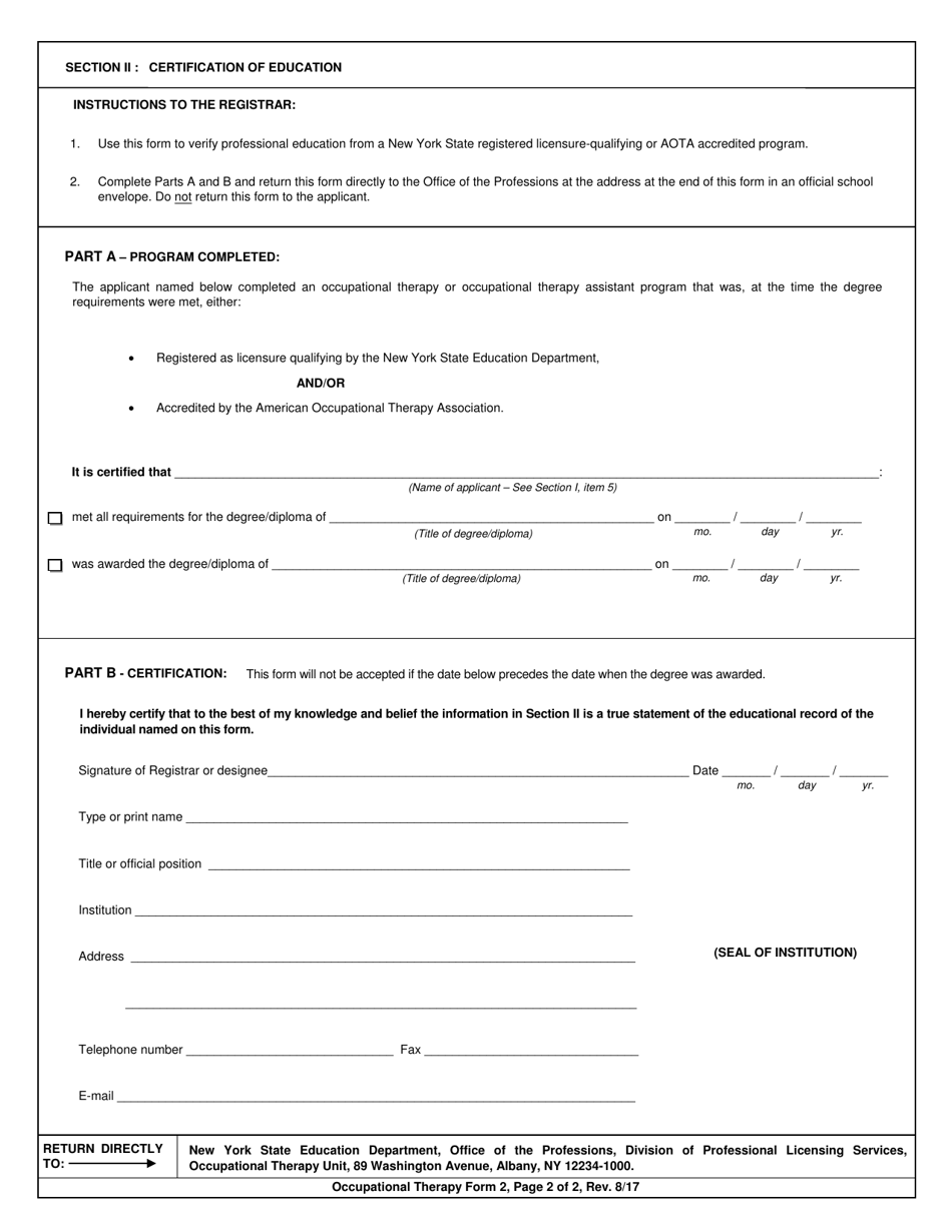 Occupational Therapy Form 2 Certification of Professional Education - New York, Page 2