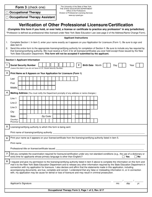 Occupational Therapy Form 3 Verification of Other Professional Licensure/Certification - New York