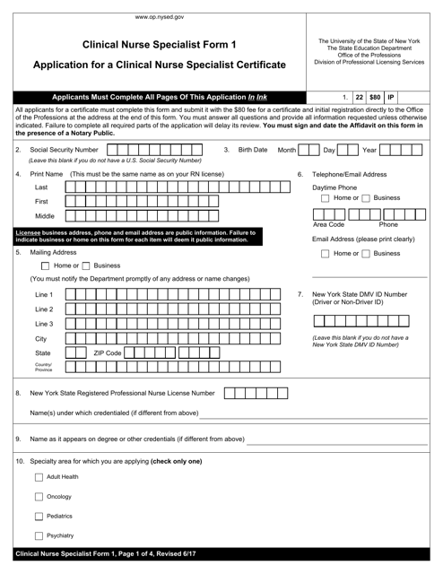 Clinical Nurse Specialist Form 1  Printable Pdf