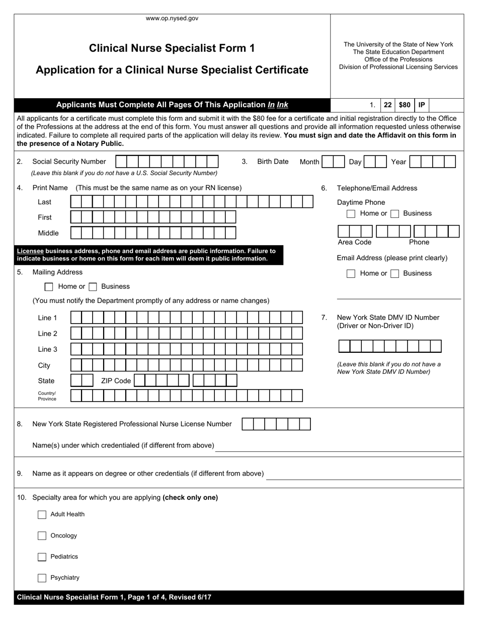 Clinical Nurse Specialist Form 1 Application for a Clinical Nurse Specialist Certificate - New York, Page 1