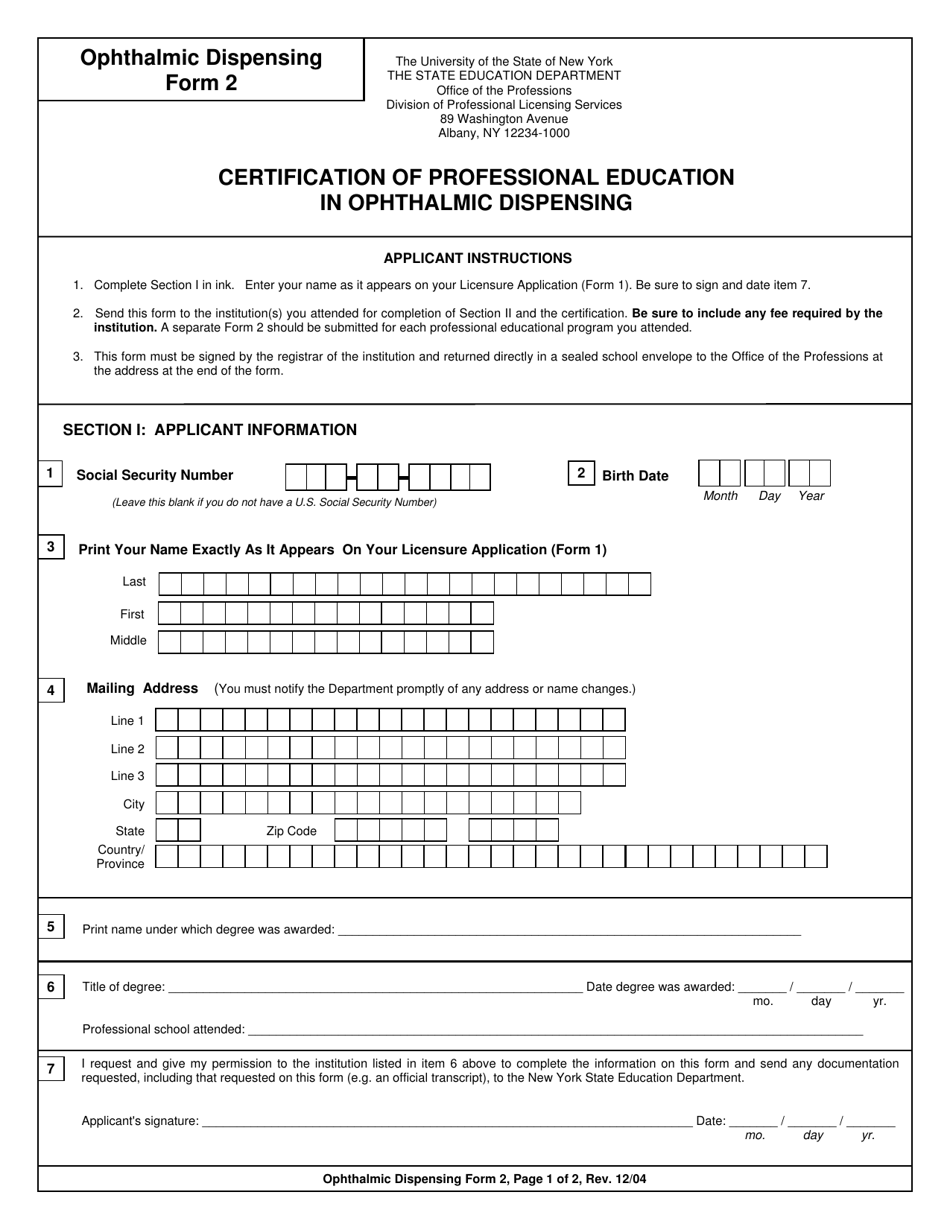 Ophthalmic Dispensing Form 2 Certification of Professional Education in Ophthalmic Dispensing - New York, Page 1
