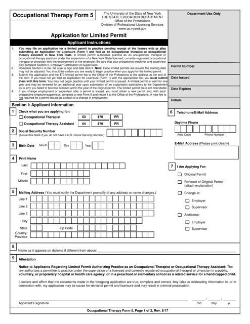 Occupational Therapy Form 5 Application for Limited Permit - New York