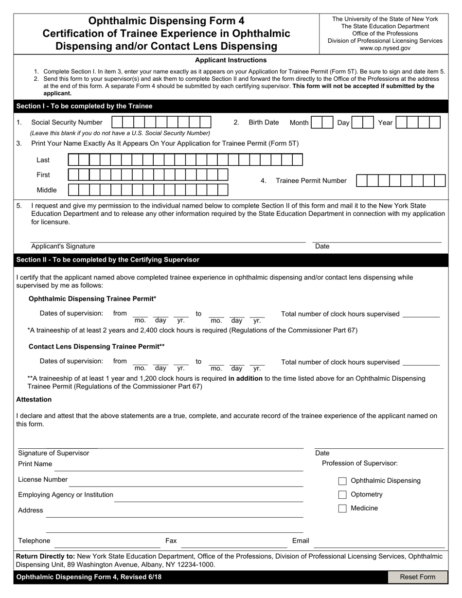 Ophthalmic Dispensing Form 4 Certification of Trainee Experience in Ophthalmic Dispensing and / or Contact Lens Dispensing - New York, Page 1
