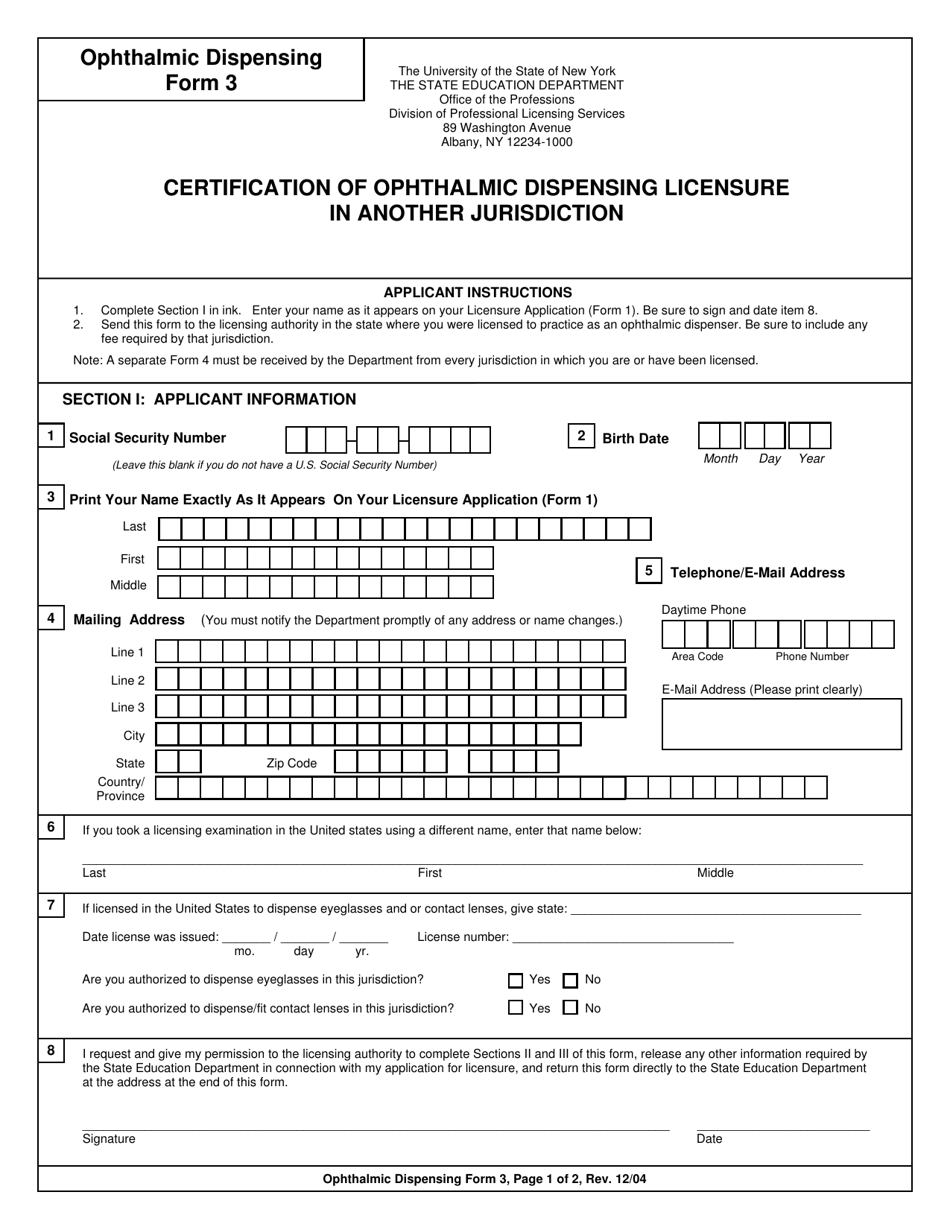 Ophthalmic Dispensing Form 3 Certification of Ophthalmic Dispensing Licensure in Another Jurisdiction - New York, Page 1