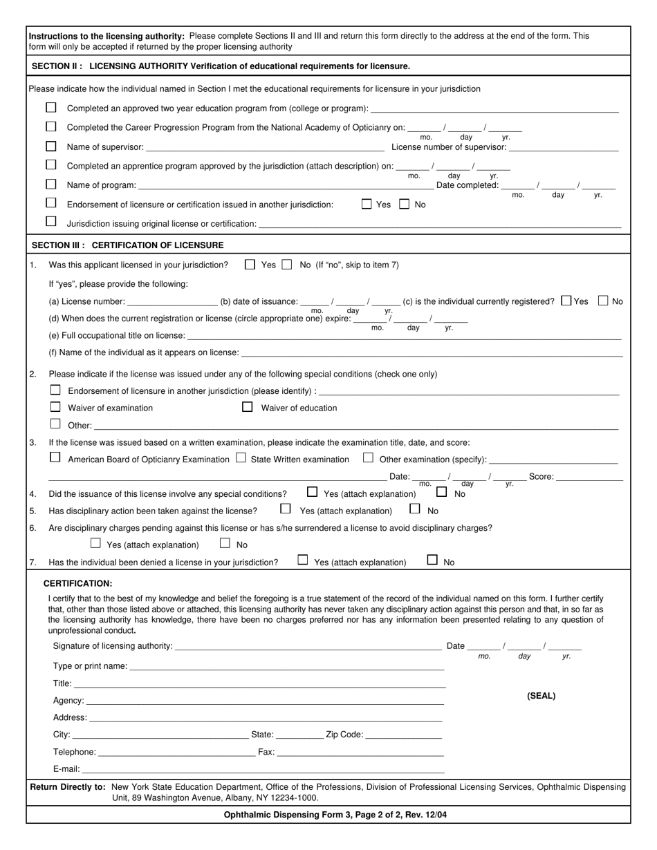 Ophthalmic Dispensing Form 3 Certification of Ophthalmic Dispensing Licensure in Another Jurisdiction - New York, Page 2