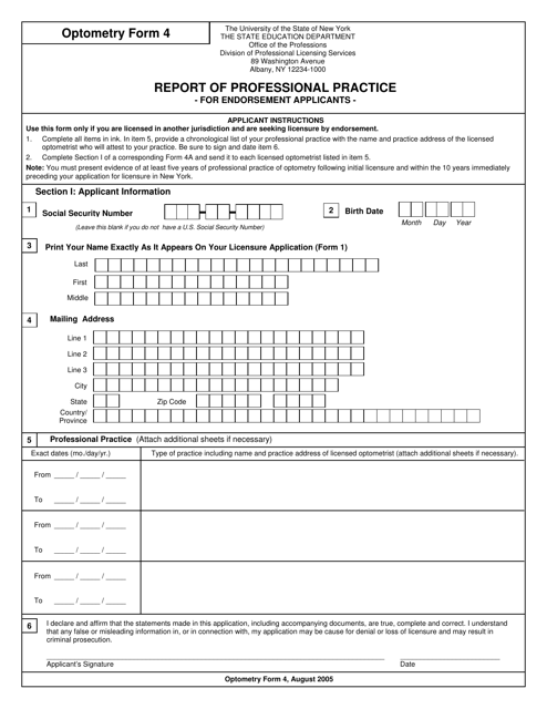 Optometry Form 4 Report of Professional Practice - New York
