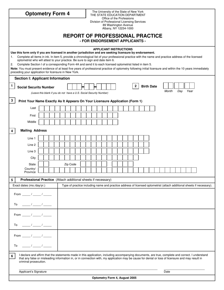 Optometry Form 4 Report of Professional Practice - New York, Page 1