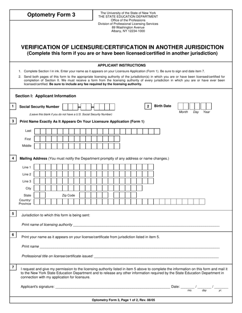 Optometry Form 3 Verification of Licensure/Certification in Another Jurisdiction - New York