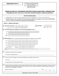 Optometry Form 3 Verification of Licensure/Certification in Another Jurisdiction - New York