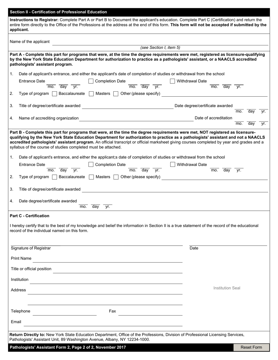 Pathologists Assistant Form 2 Certification of Professional Education - New York, Page 2
