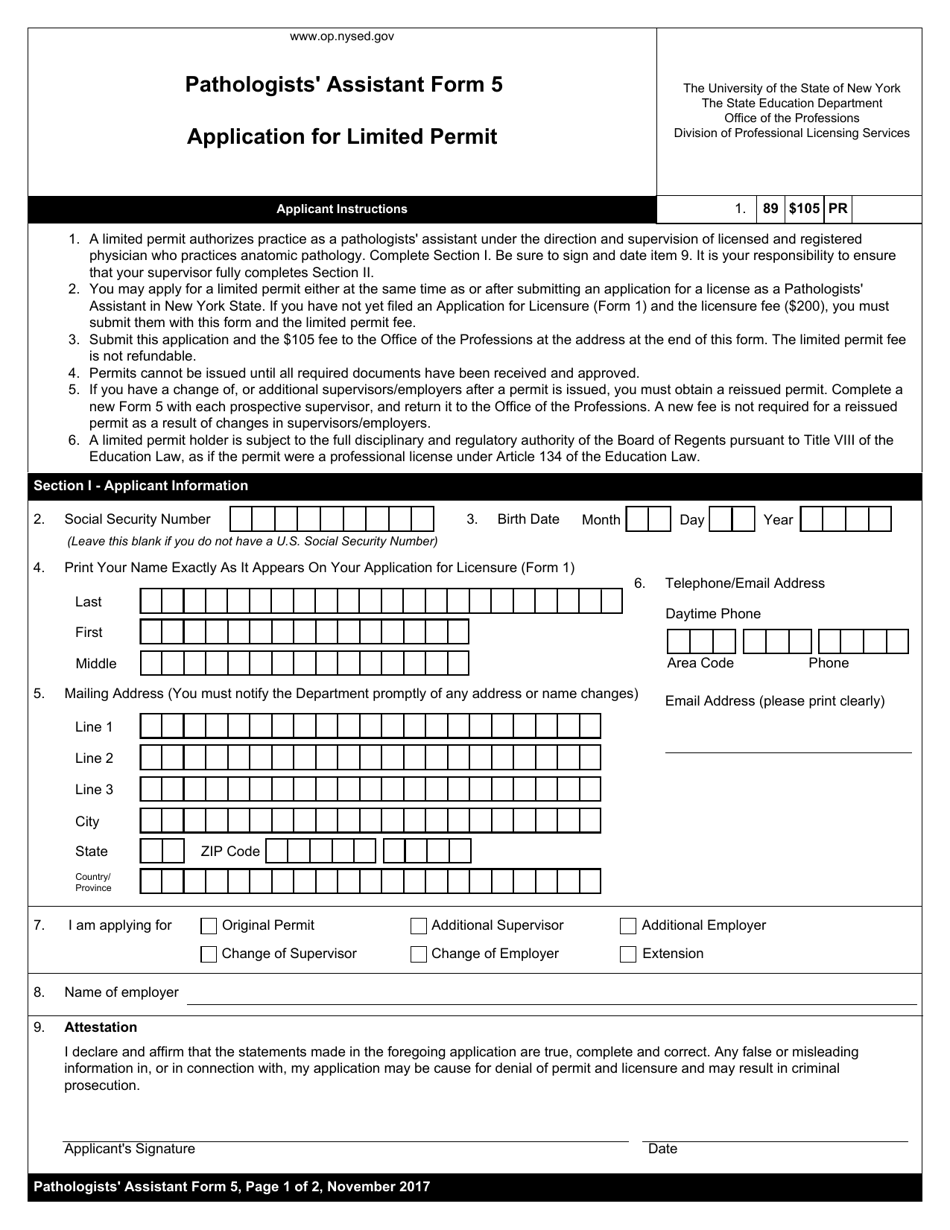 Pathologists Assistant Form 5 Application for Limited Permit - New York, Page 1