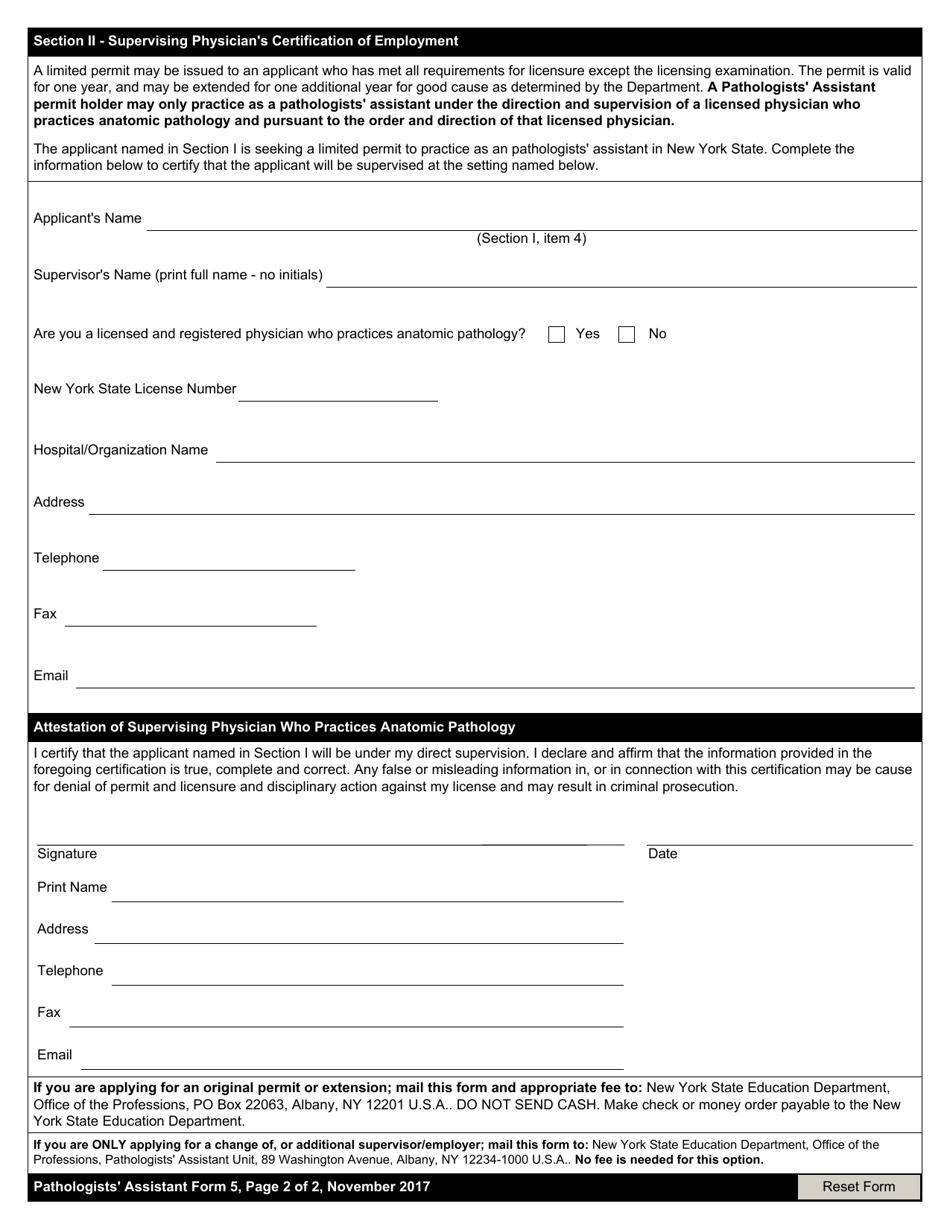 Pathologists Assistant Form 5 Application for Limited Permit - New York, Page 2