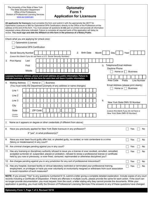 Optometry Form 1 Application for Licensure - New York